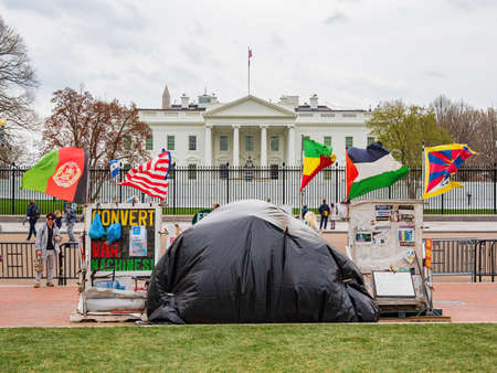 Washington DC, MAR 31 2022 - Man protest with sign and flags in Lafayette Squareのeditorial素材