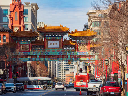Washington DC, APR 4 2022 - Sunny view of the arch of Chinatownのeditorial素材