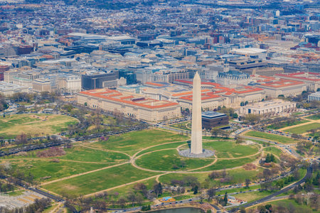 Aerial view of the cityscape and Washington Monument of Washington DC at USA