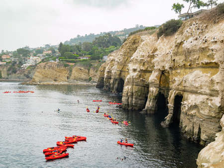 San Diego, AUG 2 2014 - Close up shot of many kayak near the famous La Jolla Coveのeditorial素材