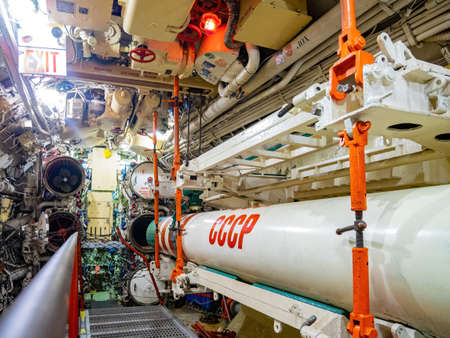 San Diego, AUG 2 2014 - Interior view of the Soviet submarine B-39 of Maritime Museumのeditorial素材