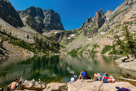 Colorado, AUG 12 2014 - People resting by the beautiful Sky Pondのeditorial素材