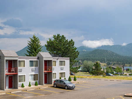 Estes Park, AUG 9 2014 - Sunny view of a small town near Rocky Mountain National Parkのeditorial素材