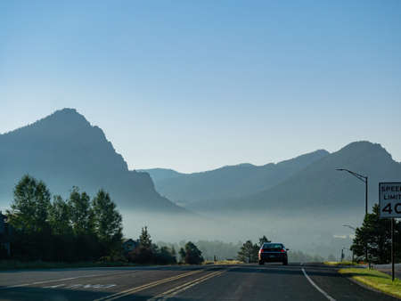 Estes Park, AUG 9 2014 - Sunny view of a small town near Rocky Mountain National Parkのeditorial素材