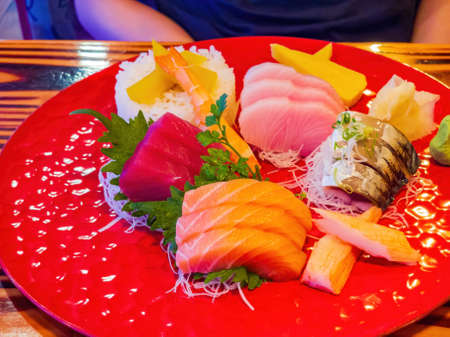 Close up shot of Japanese style fresh sushi at Texas, USAの写真素材
