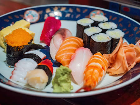 Close up shot of fresh Japanese Sushi at Dallas, Texasの写真素材