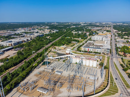 Aerial view of the electrical substation and Dallas downtown cityscape  at Texas
