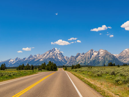 Sunny view of the Grand Teton National Park at Wyomingの写真素材