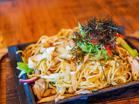 Close up shot of Japanese style fried noodle at Denver, Coloradoの写真素材