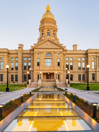 Sunset view of the beautiful Wyoming State capitol building at Wyoming