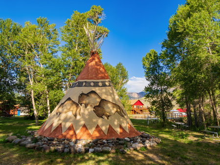 Sunny view of Tipi with beautiful landscape at Cody, Wyoming