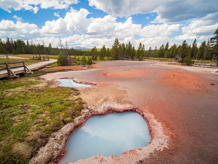 Sunny view of the landscape around Artists Paintpots in Yellowstone National Park at Wyoming