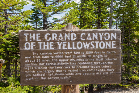 Wyoming, JUL 5 2022 - Sunny view of the sign of Grand Canyon of Yellowstoneのeditorial素材