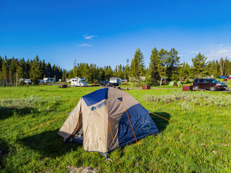Wyoming, JUL 4 2022 - Close up shot of tent in Bridge Bay Campgroundのeditorial素材