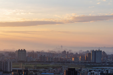 Sunset aerial view of the cityscape of Wenshan District of Taipei from Xianjiyan at Taiwanの写真素材
