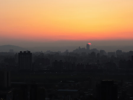 Sunset aerial view of the cityscape of Wenshan District of Taipei from Xianjiyan at Taiwanの写真素材