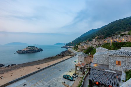 Twilight high angle view of the Qinbi Village at Matsu, Taiwan