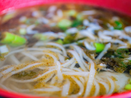 Close up shot of rice noodle soup, ate at Matsu, Taiwanの写真素材