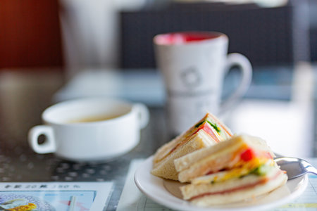 Matsu, MAY 2 2014 - Close up shot of ham and egg sandwichの写真素材