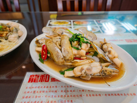 Close up shot of fried razor clam, ate at Matsu, Taiwanの写真素材