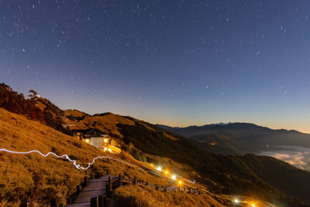 Night starry sky landscape of Hehuanshan at Taiwanの写真素材
