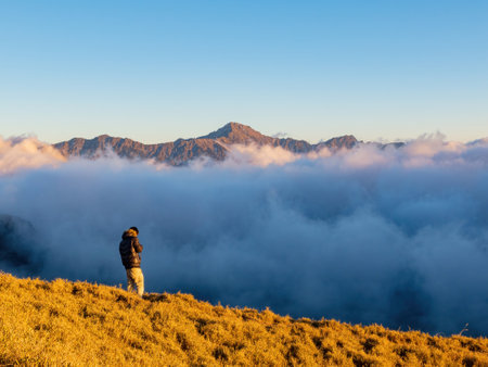 Sunset beautiful landscape of Sea of clouds over Hehuanshan at Taiwanの写真素材