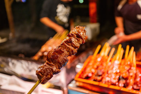 Close up shot of grill beef skewer at Kyoto, Japanの写真素材