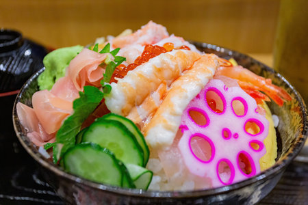 Close up shot of seafood rice bowl at Kyoto, Japanの写真素材