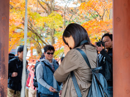 Kyoto, NOV 17 2013 - Sunny autumn landsacpe at East Pagoda Belfry of Mount Hiei
