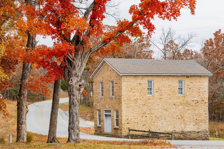 Overcast view of the fall color of Ha Ha Tonka State Park at Missouriの写真素材