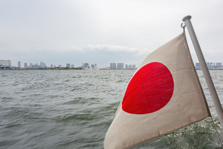 Overcast view of the cityscape from a ship at Tokyo, Japanの写真素材