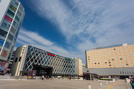 Ibaraki, APR 4 2013 - Sunny exterior view of the modern JR Mito Stationのeditorial素材