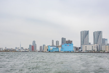 Tokyo, APR 6 2013 - Overcast view of the cityscape from a shipのeditorial素材