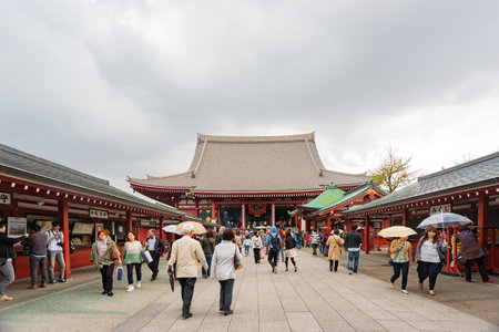 Tokyo, APR 6 2013 - Overcast view of the Senso-ji Main Hallのeditorial素材
