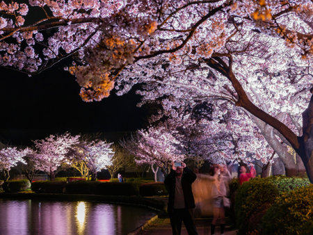 Ibaraki, APR 4 2013 - Night view of the cherry blossom in Senba Lakeのeditorial素材