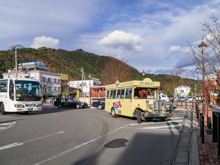 Tokyo, APR 3 2013 - Sunny view of the Fujikyu shuttle busのeditorial素材