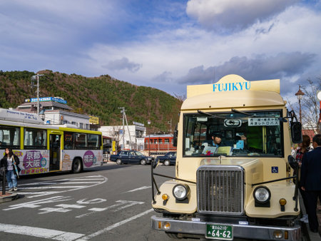 Tokyo, APR 3 2013 - Sunny view of the Fujikyu shuttle busのeditorial素材