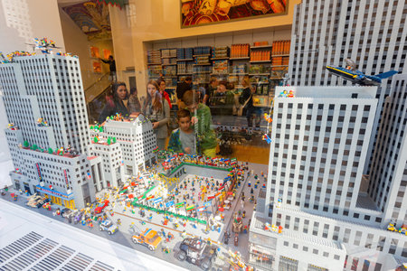 New York, SEP 15 2014 - Lego store saw from a window from streetのeditorial素材