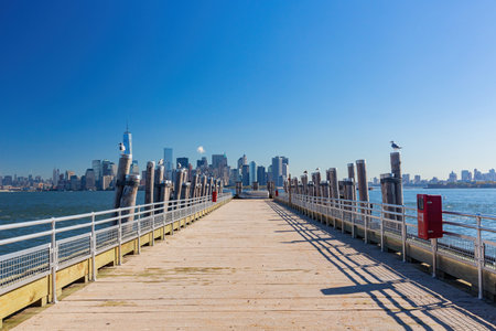 New York, SEP 17 2014 - Sunny view of the Manhattan skyline from a portのeditorial素材