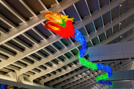Macau, AUG 19 2013 - Close up shot colorful dragon lantern hanging in the airportのeditorial素材