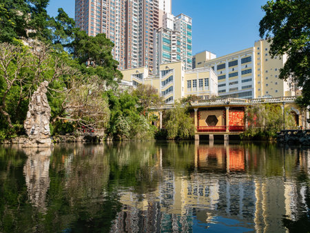 Macau, FEB 12 2013 - Sunny view of the main building of Lou Lim Ioc Garden
