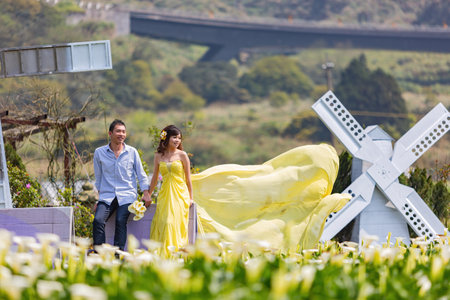 Taipei, AUG 12 2013 - People taking prewedding photowith Zantedeschia blossom in Yangmingshan National Parkのeditorial素材