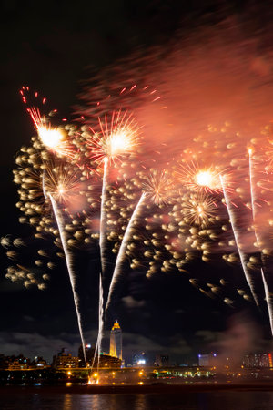 Night fireworks over the sky for celebration at Taipei, Taiwan