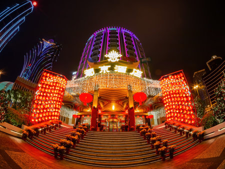 Macau, FEB 9 2013 - Night exterior view of the Casino Lisboaのeditorial素材