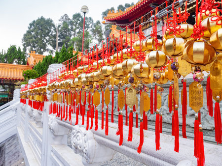 Taiwan, MAR 23 2013 - Close up shot of many wish lantern hanging in the Wenwu Templeのeditorial素材