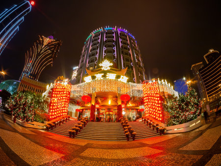 Macau, FEB 9 2013 - Night exterior view of the Casino Lisboaのeditorial素材