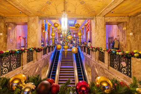 Oklahoma, DEC 11 2022 - The beautiful Christmas decorations inside the Teller's Restaurant in the...