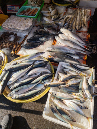 Close up shot of fresh fish selling in the market at Taichung, Taiwanの写真素材