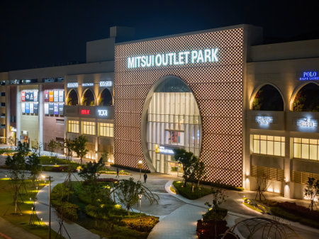 Tainan, JAN 5 2023 - Night high angle view of the MITSUI OUTLET PARK Tainan near Tainan high speed rail Stationのeditorial素材