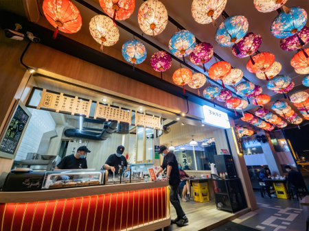 Tainan, JAN 4 2023 - Night exterior view of a pork specialist restaurant with many lanternsのeditorial素材
